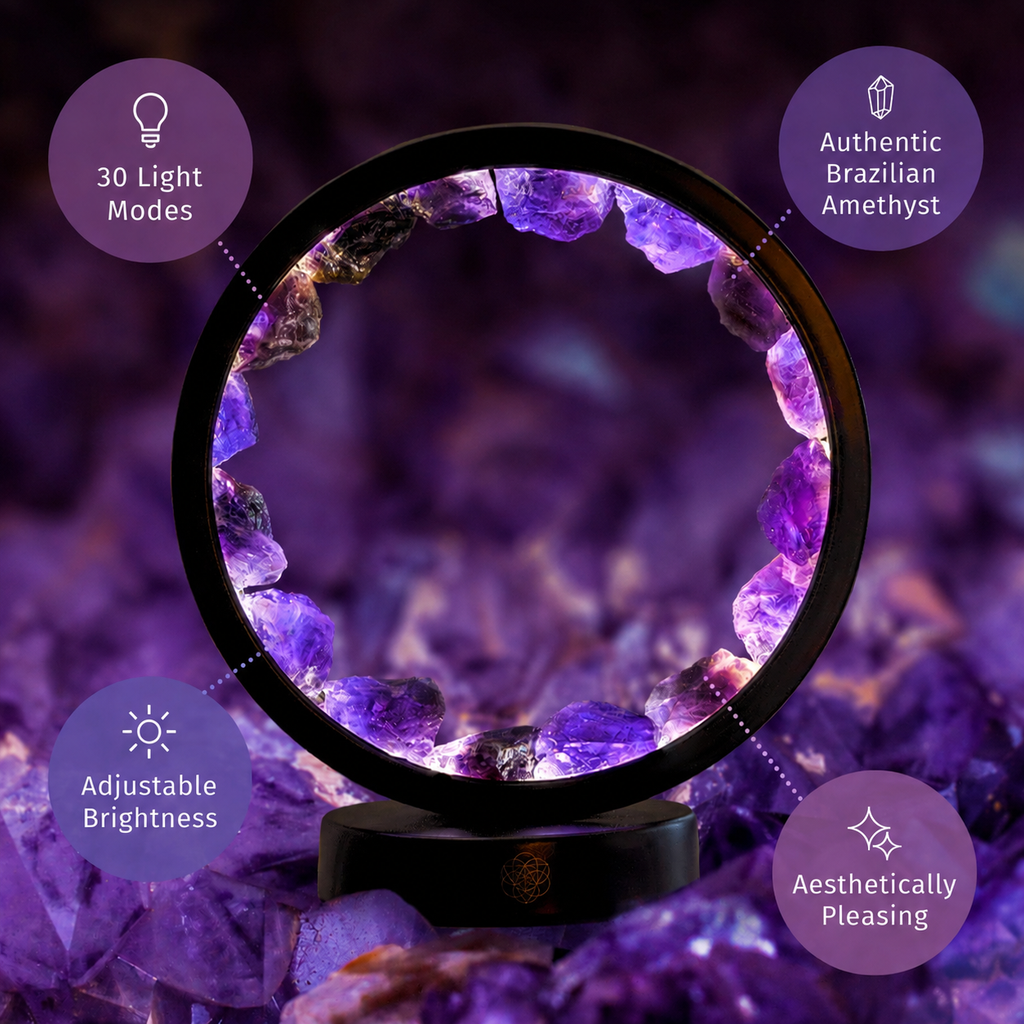 Amethyst Halo Desk Lamp features: 30 light modes, authentic Brazilian amethyst, adjustable brightness