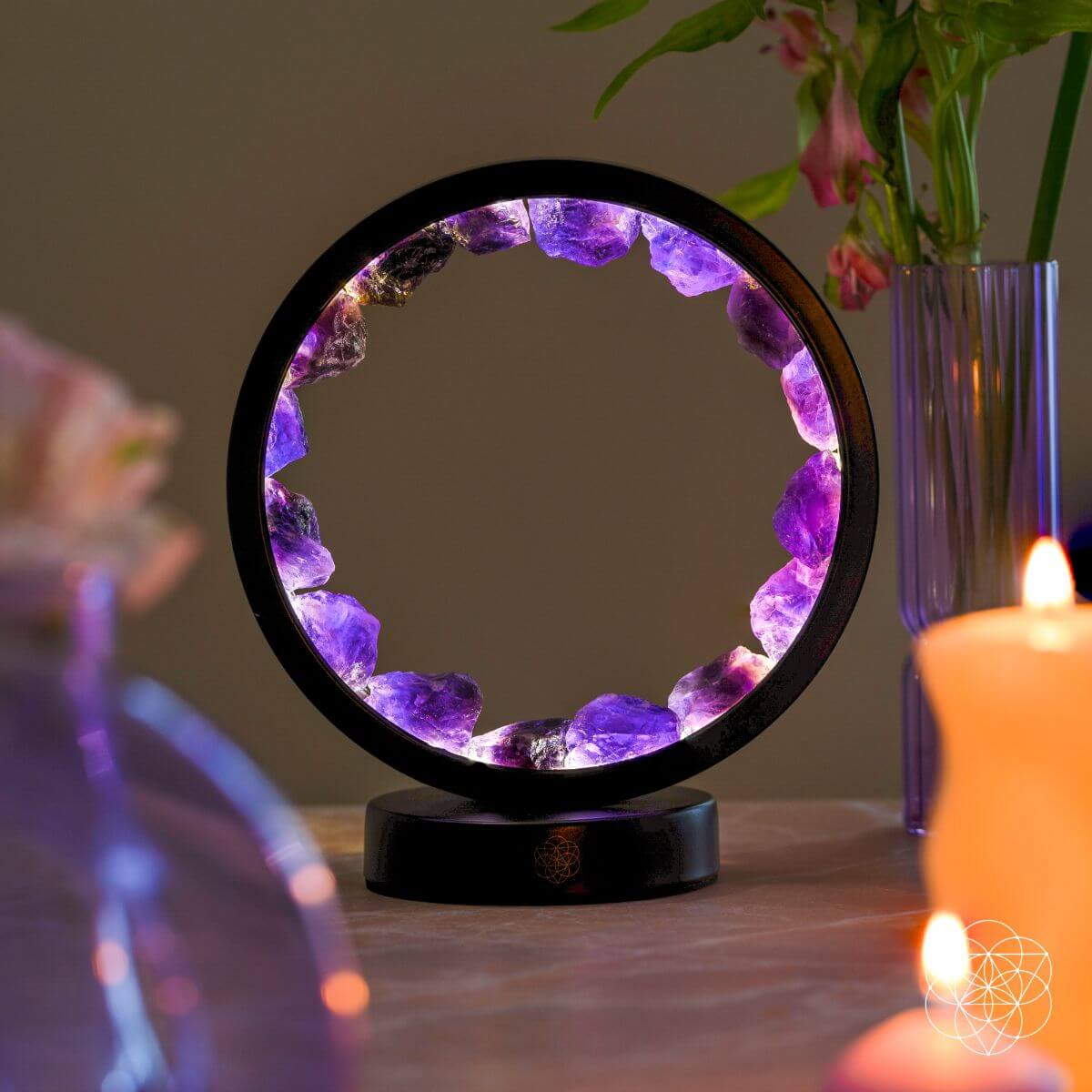 Amethyst Halo Desk Lamp glowing on a nightstand